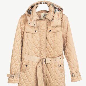 Burberry Tan Quilted-Taffeta Belted Hooded Jacket